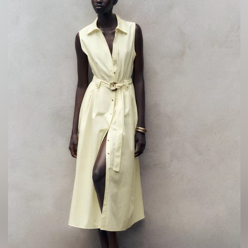 NWT ZARA BELTED POPLIN MIDI DRESS SIZE S